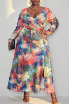Multicolor Fashion Casual Print Bandage Patchwork V Neck Straight Plus Size Dresses