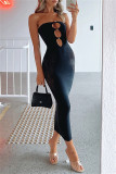 Black Fashion Sexy Solid Hollowed Out Patchwork Backless Strapless Long Dress
