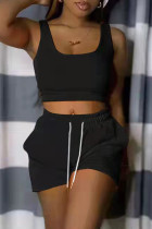 Черный Повседневная спортивная одежда Однотонный Базовый с U-образным вырезом Без рукавов Из двух частей