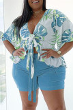 Green Fashion Casual Print Basic V Neck Plus Size Two Pieces