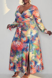 Moda multicolorida casual estampa bandagem patchwork decote em V reto vestidos tamanhos grandes