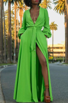Vestidos de saia verde casual com fenda e decote em V na cintura