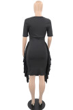 Zwarte mode casual effen patchwork vouw O-hals jurk met korte mouwen