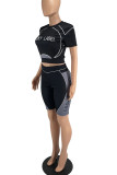 Черный Повседневная спортивная одежда С принтом Пэчворк О-образный вырез С короткими рукавами Из двух частей