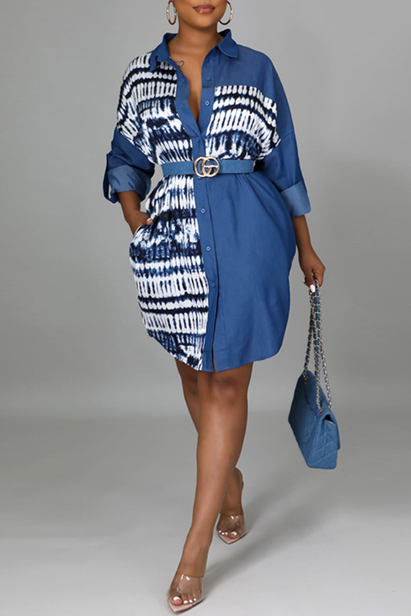 

Deep Blue Fashion Casual Print Split Joint Turndown Collar Denim Dress