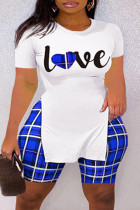 Blauwe Mode Toevallige Letter Print Split O-hals Plus Size Two Pieces