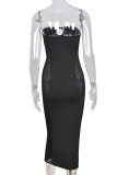 黒のファッションセクシーなソリッド中空パッチワークバックレスストラップレスロングドレス