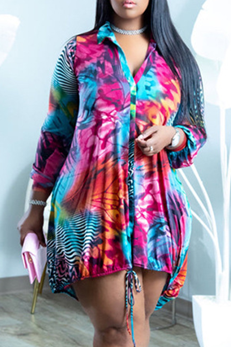 

Rose Red Casual Print Draw String Turndown Collar Straight Plus Size Dresses