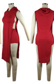 Red Sexy Solid Patchwork Slit Hooded Collar Sleeveless Two Pieces