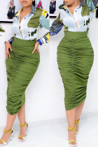 Verde militar Moda Casual De parches lisos Pliegue Regular Cintura alta Convencional Pantalones de color sólido
