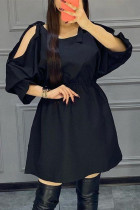 Black Fashion Casual Solid Hollowed Out Split Joint O Neck Long Sleeve Dresses
