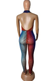 Multicolor Fashion Sexy Print Backless Halter Skinny Jumpsuits