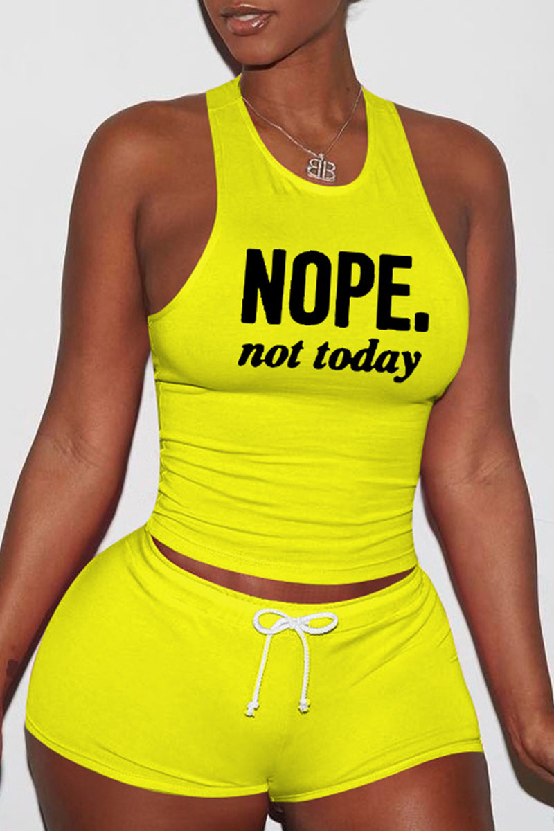 

Yellow Sexy Print Split Joint O Neck Sleeveless Two Pieces