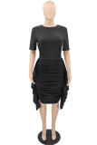 ブラックファッションカジュアルソリッドパッチワークフォールドOネック半袖ドレス
