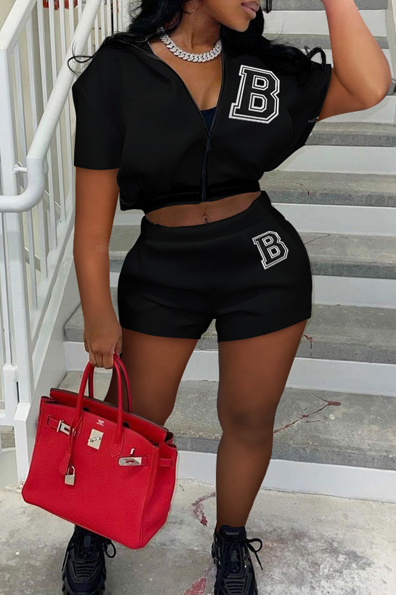

Black Casual Split Joint Zipper Short Sleeve Two Pieces