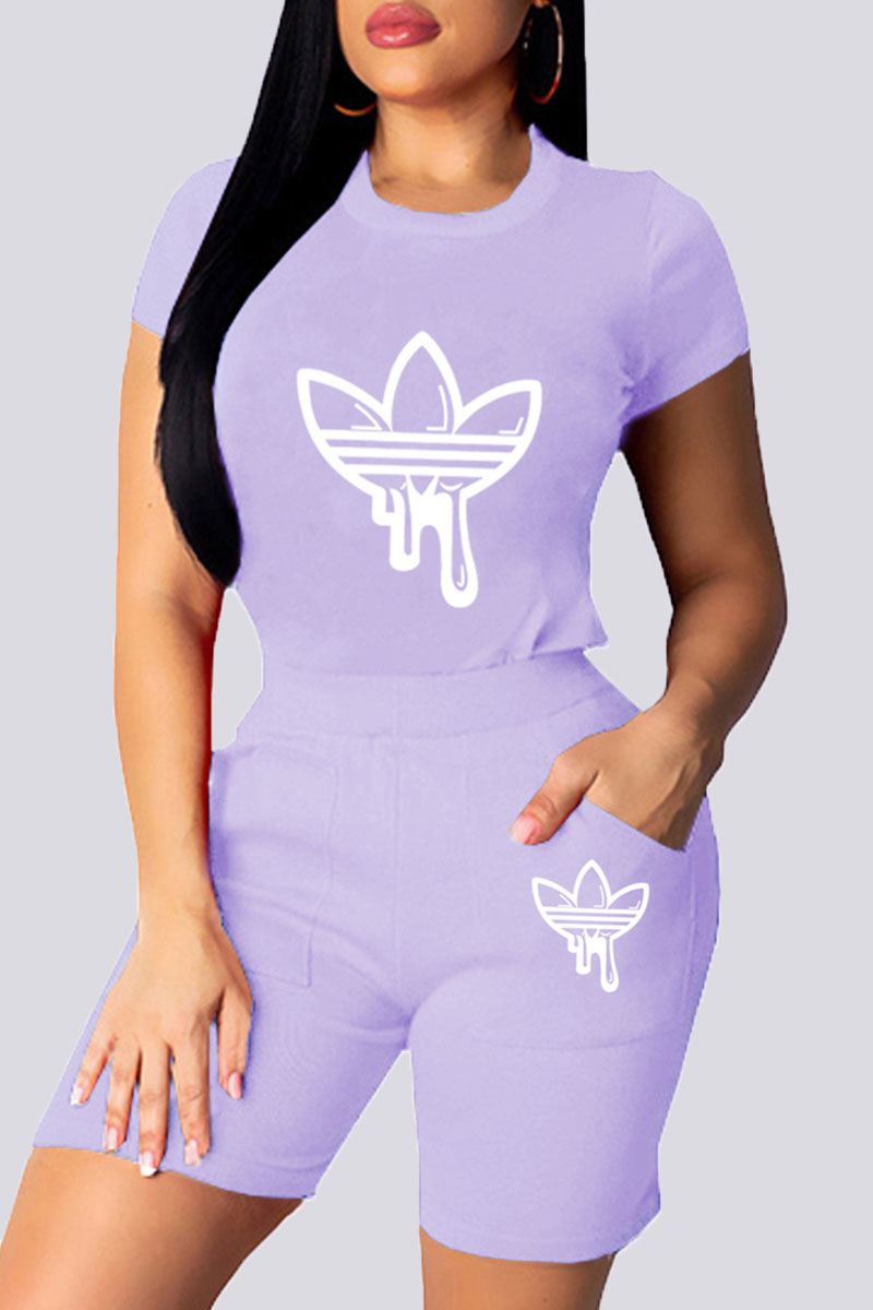 

Purple Fashion Casual Print Split Joint O Neck Short Sleeve Two Pieces