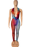 Multicolor Fashion Sexy Print Backless Halter Skinny Jumpsuits
