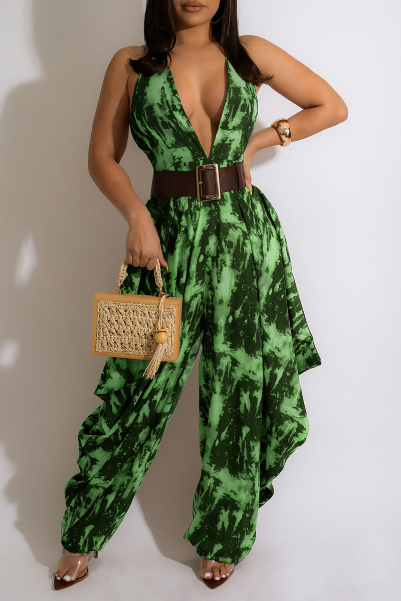 

Green Sexy Print Split Joint Backless Halter Loose Jumpsuits(Without Belt)