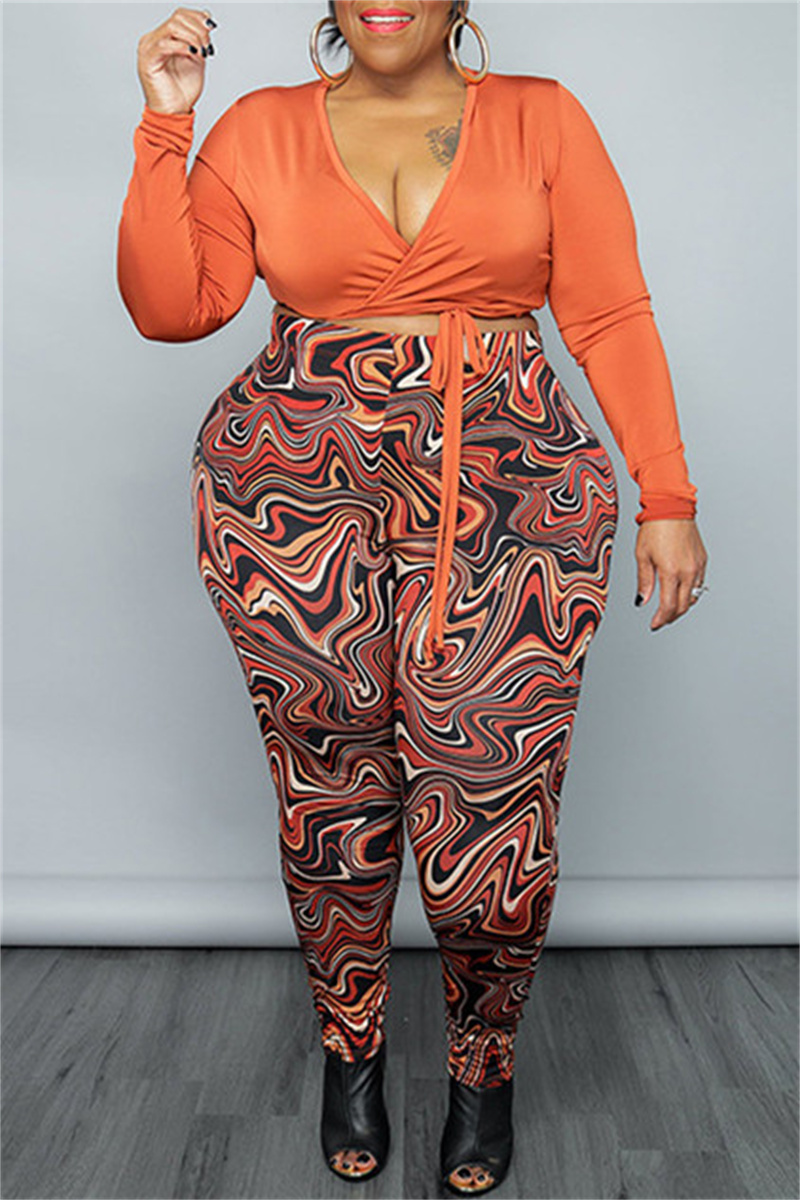 

Orange Fashion Casual Print Bandage V Neck Plus Size Two Pieces