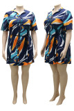 Royal Blue Casual Print Patchwork Buckle Turndown Collar Straight Plus Size Dresses