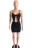 Black Sexy Solid Patchwork Asymmetrical Spaghetti Strap Sleeveless Two Pieces