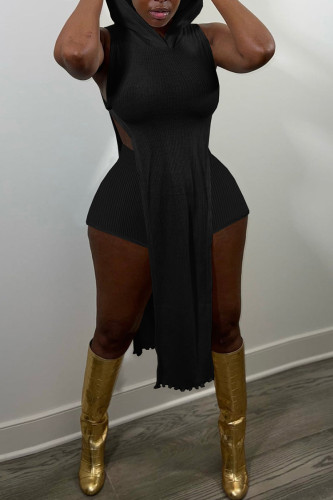 Black Sexy Solid Patchwork Slit Hooded Collar Sleeveless Two Pieces