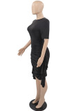 Zwarte mode casual effen patchwork vouw O-hals jurk met korte mouwen