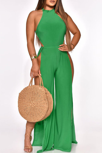 Green Sexy Solid Split Joint Backless O Neck Straight Jumpsuits