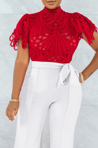 Red Street Solid Hollowed Out Patchwork Half A Turtleneck T-Shirts