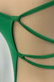 Grüne, sexy, solide Patchwork-Overalls mit rückenfreiem O-Ausschnitt und geradem Schnitt
