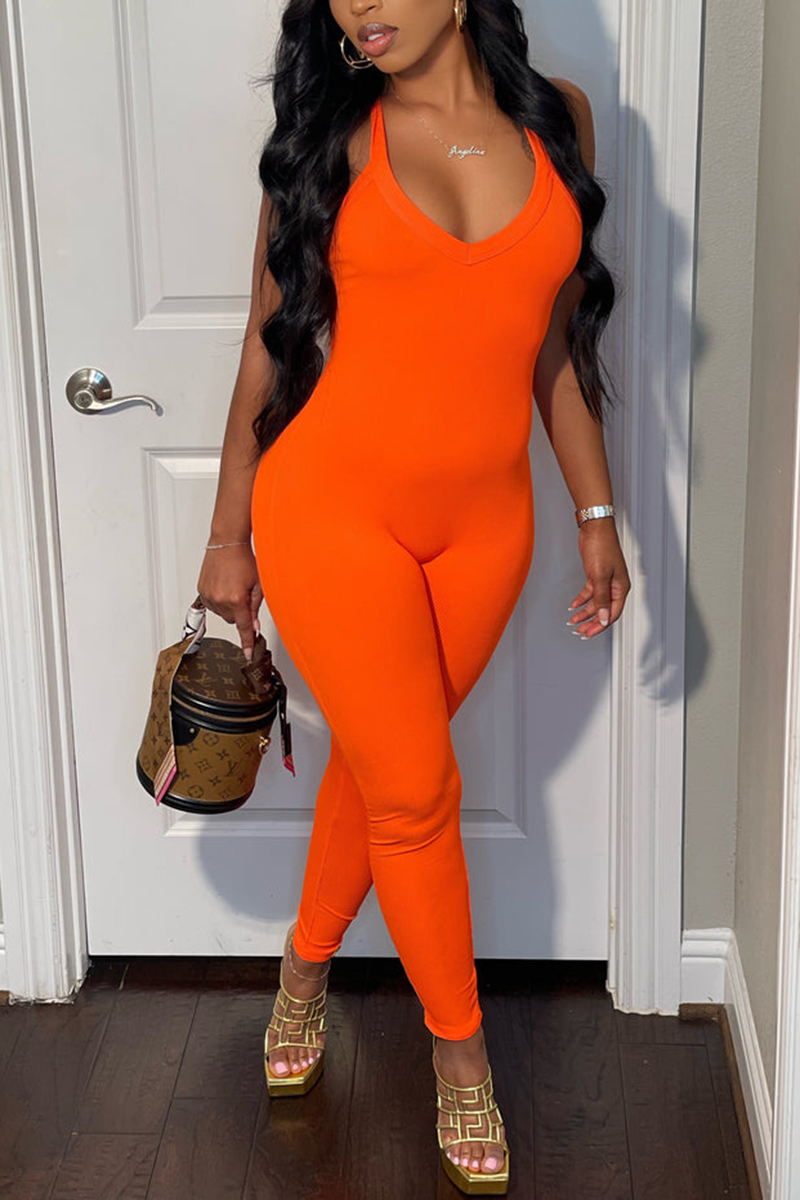 

Tangerine Red Fashion Sexy Casual Solid V Neck Regular Jumpsuits