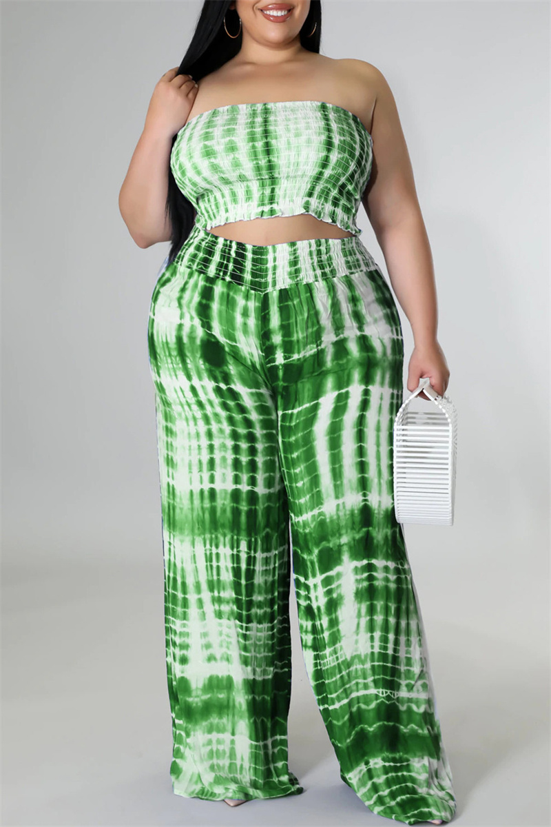 

Green Sexy Casual Print Tie Dye Backless Strapless Plus Size Two Pieces