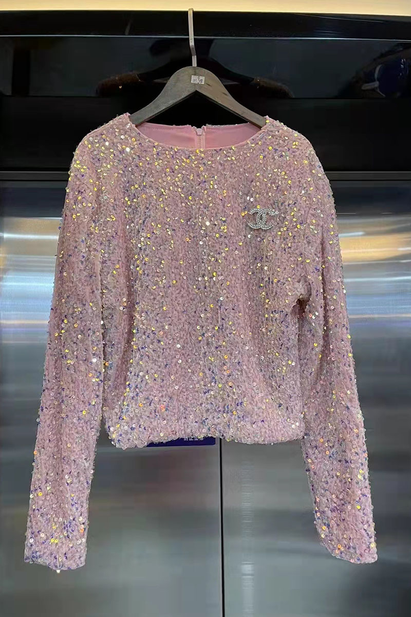 

Pink Fashion Celebrities Solid Sequins O Neck Tops
