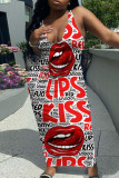 Red Fashion Sexy Plus Size Letter Lips Printed Basic U Neck Vest Dress