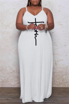 Witte sexy casual print basic spaghettibandjes lange jurk plus size jurken
