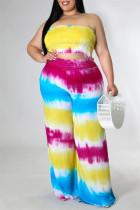 Yellow Sexy Casual Print Tie Dye Backless Strapless Plus Size Two Pieces