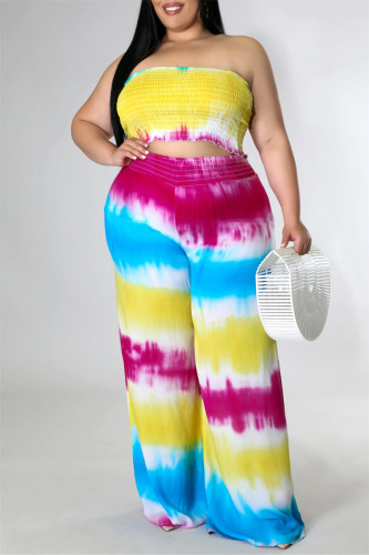 Yellow Sexy Casual Print Tie Dye Backless Strapless Plus Size Two Pieces