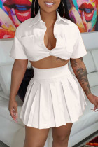 White Fashion Casual Solid Fold Turndown Collar Short Sleeve Two Pieces Blouse Tops And Pleated Skirt Sets