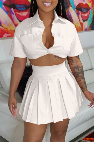 White Fashion Casual Solid Fold Turndown Collar Short Sleeve Two Pieces
