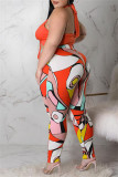 Oranje Mode Sexy Print Bandage Uitgehold Backless Halter Plus Maat Twee Stukken