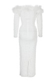 Белые элегантные однотонные лоскутные перья, вышитые бисером, с открытыми плечами, вечернее платье, платья
