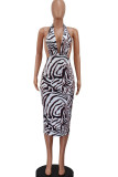 Brown Sexy Print Patchwork Backless V Neck One Step Skirt Dresses