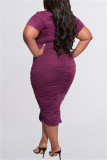 Vestido de manga corta con cuello en O y pliegues sólidos de talla grande casual de moda púrpura