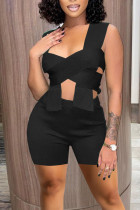 Black Sexy Solid Hollowed Out Patchwork Asymmetrical Sleeveless Two Pieces