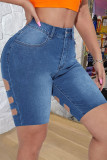 Short en jean skinny taille haute déchiré à la mode décontracté bleu clair