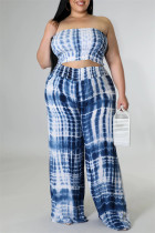 Blå Sexig Casual Print Tie Dye Backless Strapless Plus Size Two Pieces