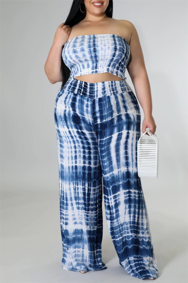 Blauwe Sexy Casual Print Tie Dye Backless Strapless Plus Size Two Pieces