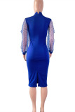 Blue Fashion Casual Solid Hollowed Out Patchwork Beading Half A Turtleneck Long Sleeve Dresses