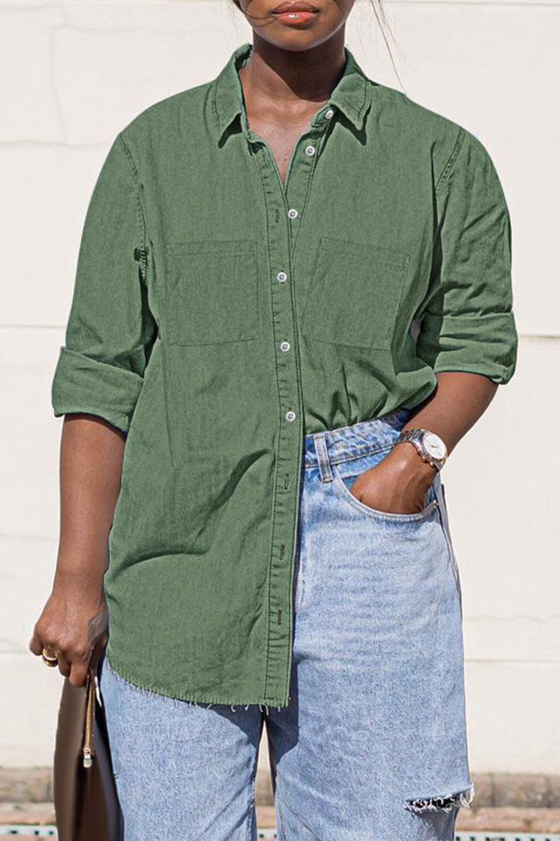 

Army Green Fashion Casual Solid Basic Turndown Collar Denim Shirt Tops