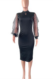 Black Fashion Casual Solid Hollowed Out Patchwork Beading Half A Turtleneck Long Sleeve Dresses